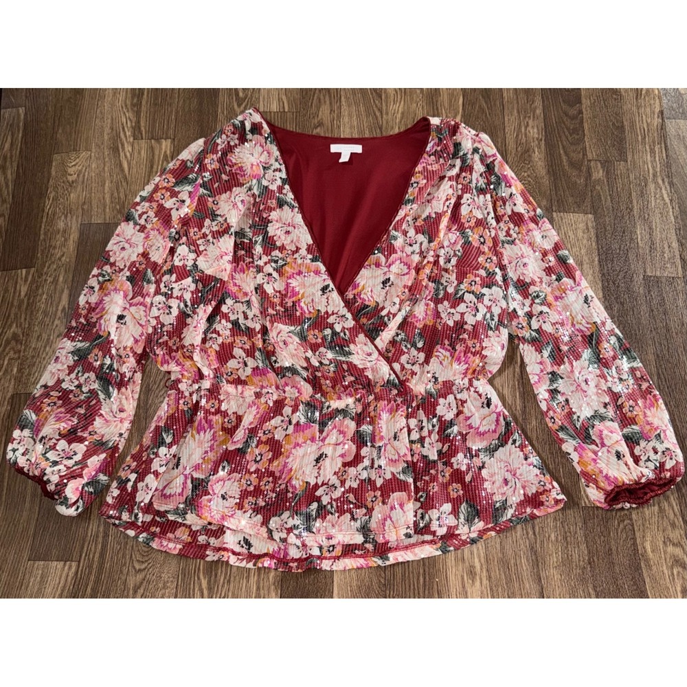 Lauren Conrad Womens 1X Floral Sequin Blouse V-Neck Long Sleeve Red‎ Pink
